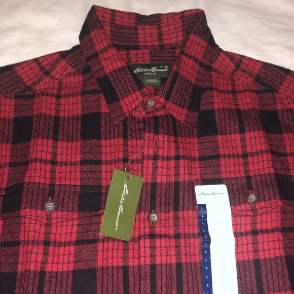 Eddie Bauer Red Black Plaid Mens Shirt 